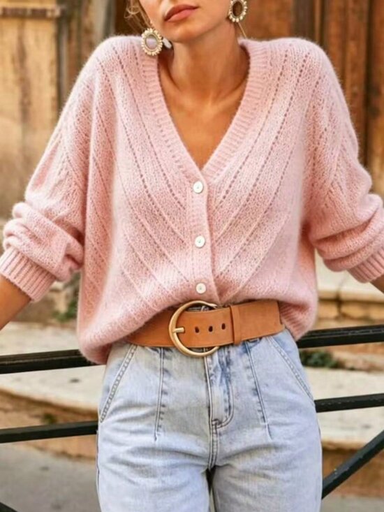 MODA ME COUTURE Sweaters - Pink Casual Women's Long-Sleeve Knitted Single-Breasted Cardigan